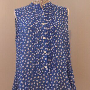 CAbi Blue Floral Blouse - White Petal Pleat Tank Top Peplum Sleeveless